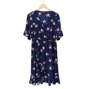 Navy Blue Floral Dress Pink Orange Faux Wrap Deep V Elastic Waist Loramendi